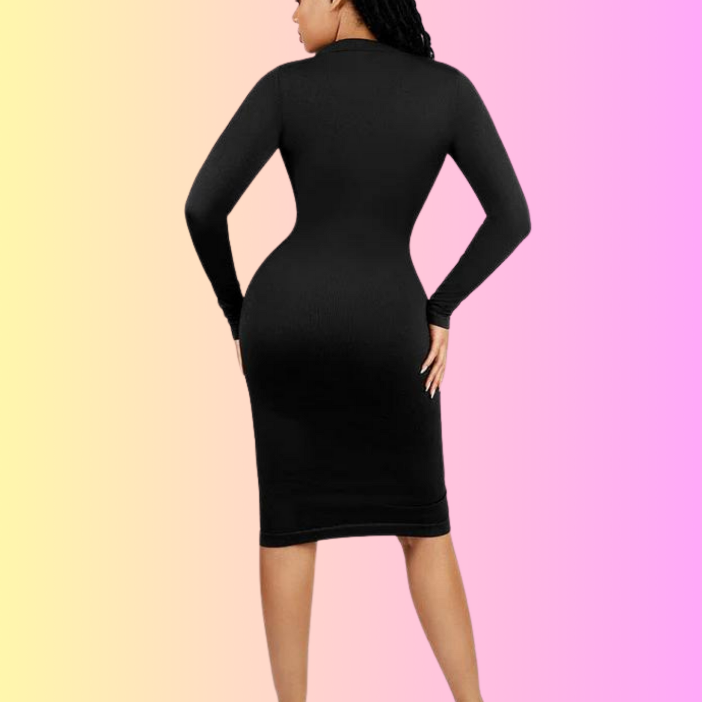 Long-sleeve Ribbed Midi Dress with built-in Shapewear