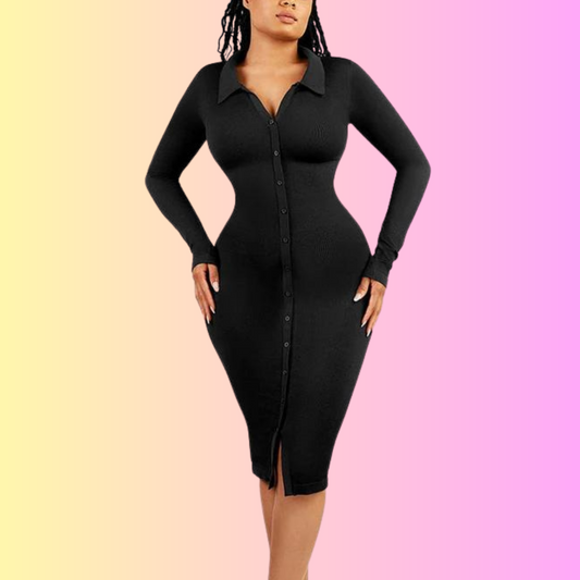 Long-sleeve Ribbed Midi Dress with built-in Shapewear
