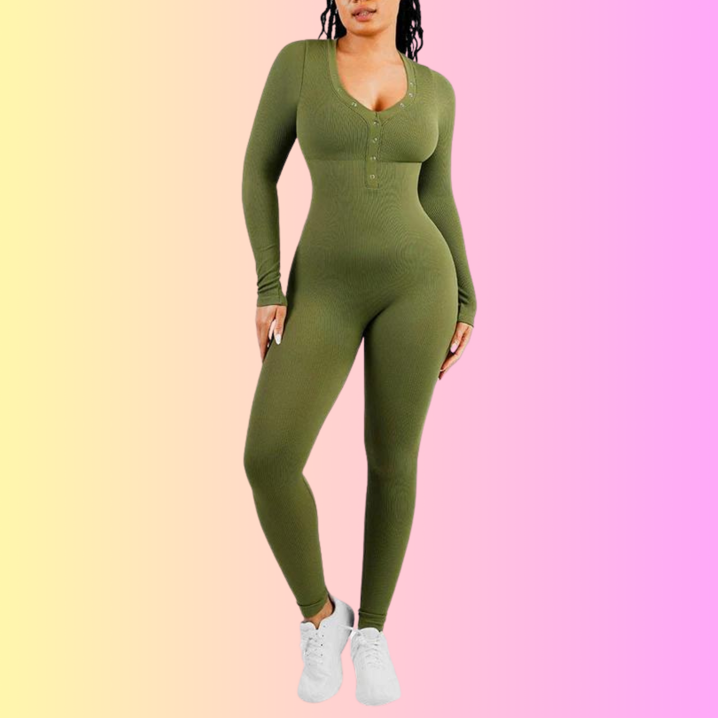 Long-sleeve V neck Shaping Jumpsuit